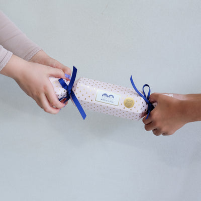 two hands holding a Christmas cracker gift box against a white background