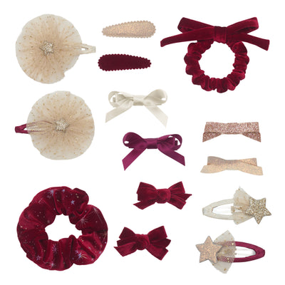 Berry red velvet scrunchie with shimmering foil pattern- Small berry red velvet bow scrunchie- two red velvet bow mini clips- two sateen bow clips in white and red- two shimmery bow mini clips-two clic clacs in glittery gold and red velvet fabric-white and red shooting star clic clacs with gold and silver glitter stars- red and white clic clacs with cream tulle and gold glitter stars
