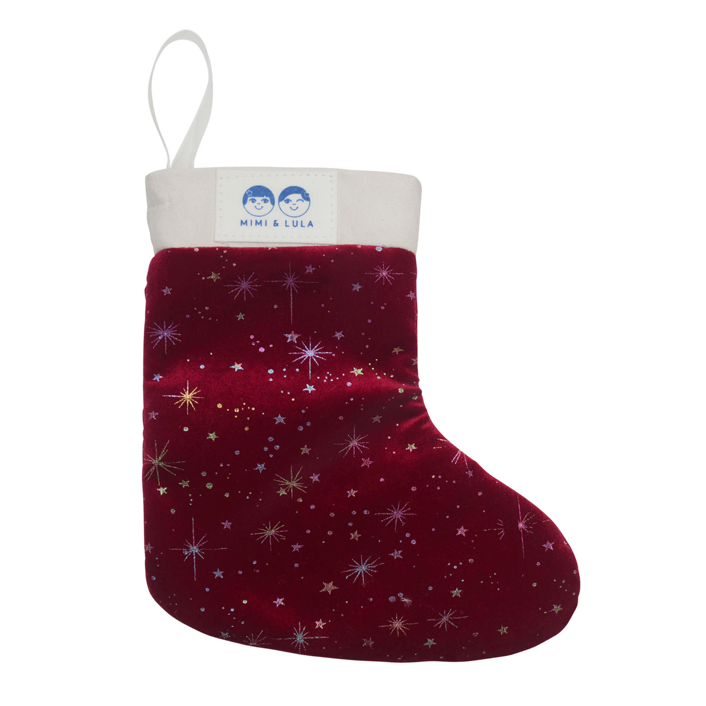 Berry red and white velvet stocking with shimmering foil pattern-featuring a ribbon for hanging