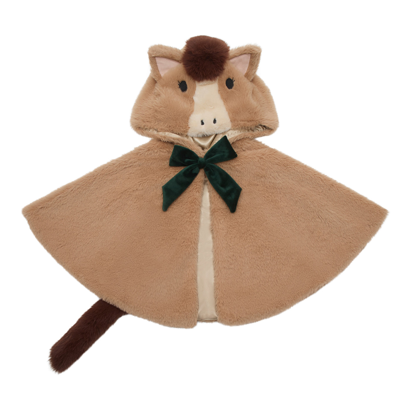Fluffy horse cape with hood featuring a fluffy brown mane and tail- Cute stitched horse face- sateen and fur lined- Deep green velvet bow closure