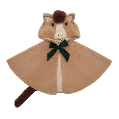 Fluffy horse cape with hood featuring a fluffy brown mane and tail- Cute stitched horse face- sateen and fur lined- Deep green velvet bow closure