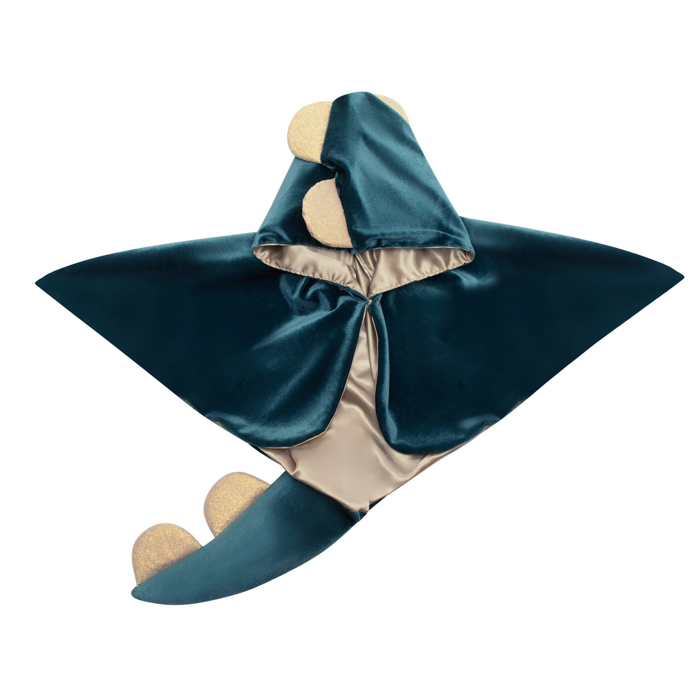 Deep green velvet dino cape with hood, lined with gold satin fabric finished with a dino tail and glittery gold dino spines