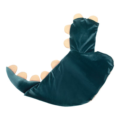 Deep green velvet dino cape with hood, lined with gold satin fabric finished with a dino tail and glittery gold dino spines