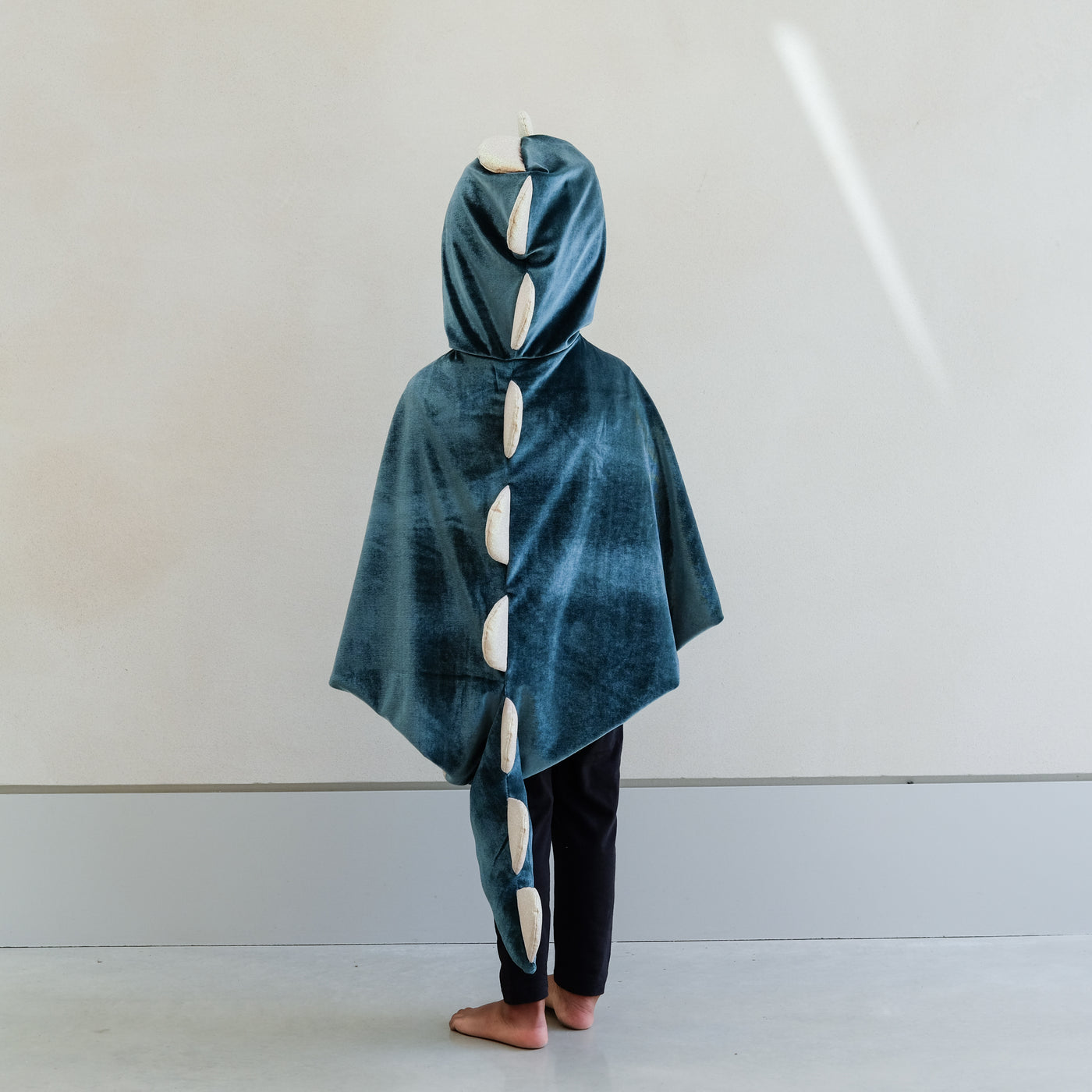 child wearing a velvet dinosaur dressing up cape costume