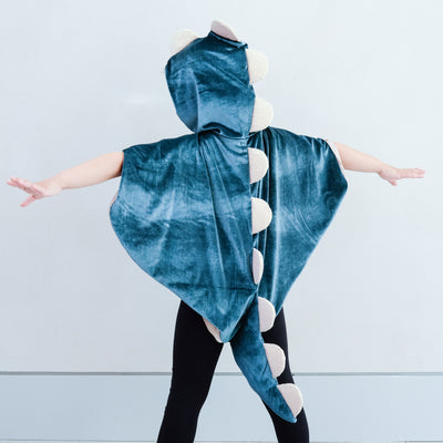 child wearing a velvet dinosaur dressing up cape costume against a white background
