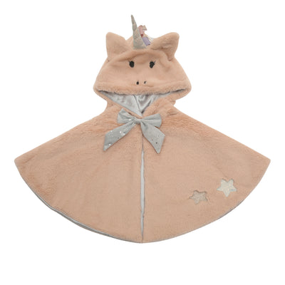 Fluffy soft blush pink unicorn cape with hood- Lined with a grey sateen fabric- Featuring glittery star applique's- Grey velvet bow closure with silver foil stars- Holographic shimmering unicorn horn- stitched unicorn face- Ribbon mane