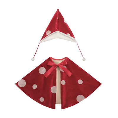 Enchanting toadstool dress up set featuring red sateen hat with white spots, fluffy borg lining, borg pompoms-Red velvet cape with white spots- gold lining- Red satin ribbon closure