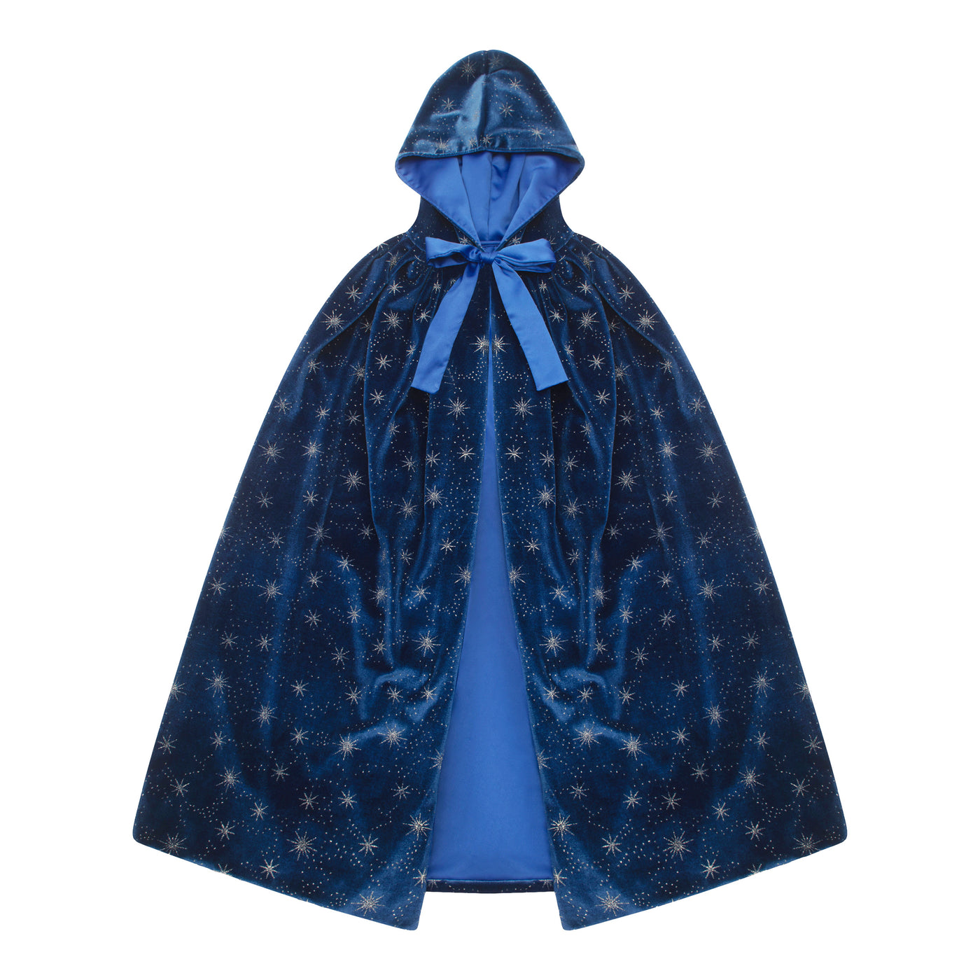 Magical deep blue velvet ice queen cape with hood- silver foil starbursts- lined with soft blue sateen fabric finished with a sateen ribbon closure