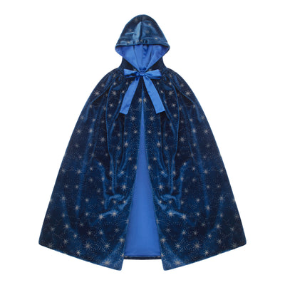 Magical deep blue velvet ice queen cape with hood- silver foil starbursts- lined with soft blue sateen fabric finished with a sateen ribbon closure