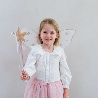 girl wearing pink fairy costume against a white background