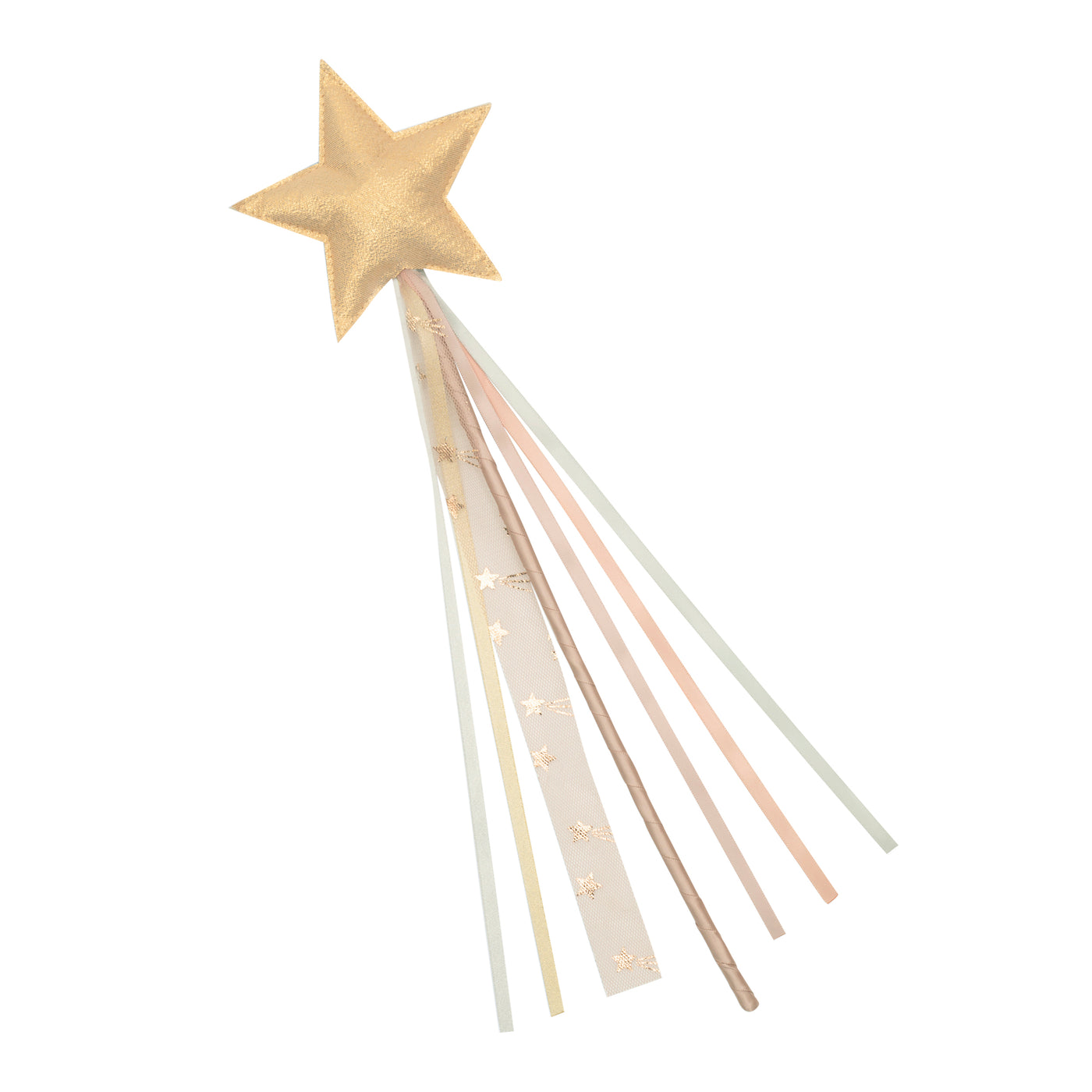 Pretty sparkly wand- shimmering fabric gold star-Blush pink sateen handle- Pastel and tulle shooting star ribbon tassels