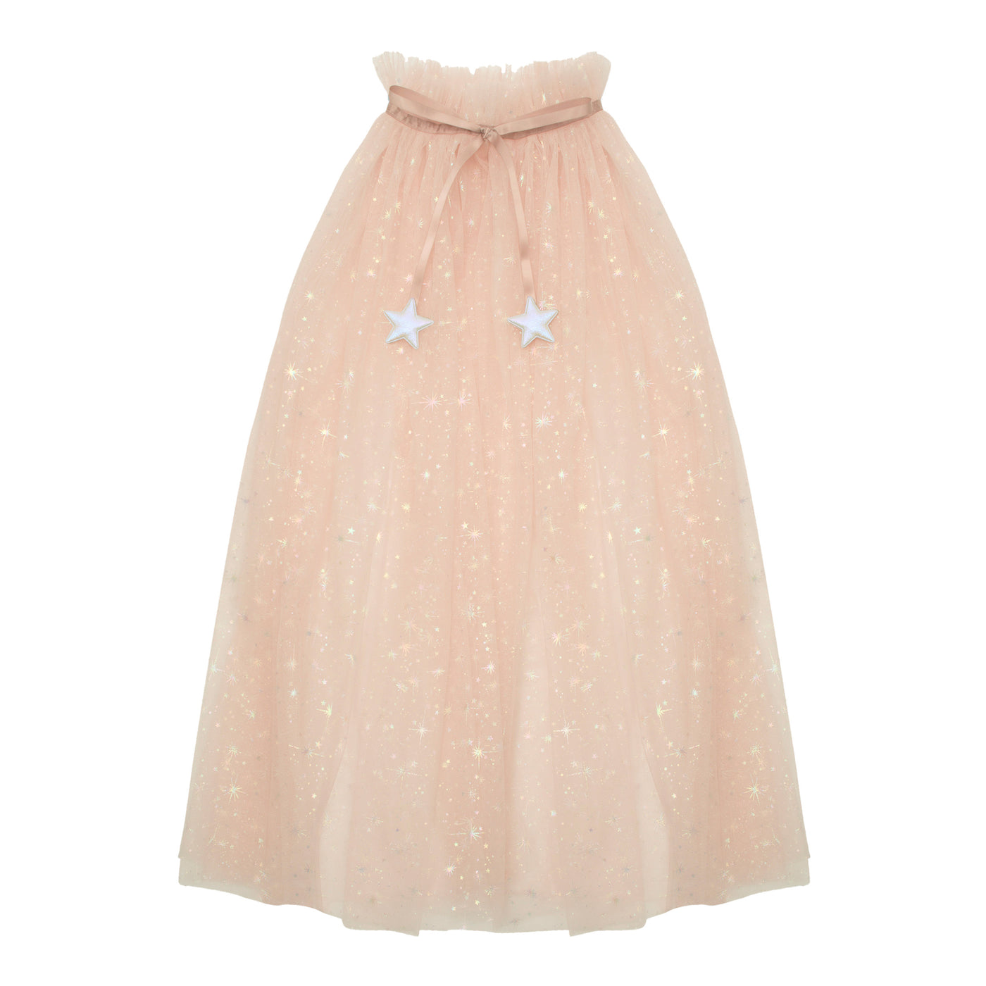 Long blush pink tulle shimmery princess cape- with gold foil star pattern- Pink ribbon closure with pearlescent stars