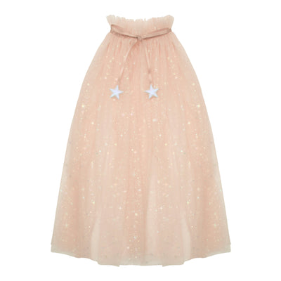 Long blush pink tulle shimmery princess cape- with gold foil star pattern- Pink ribbon closure with pearlescent stars