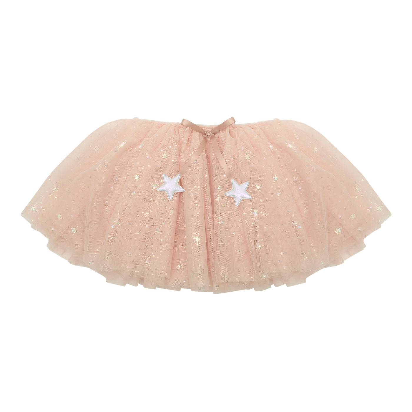 Blush pink tulle princes tutu with shimmering gold foil starbursts- blush pink ribbon finished with pearlescent silver stars- elasticated waistband