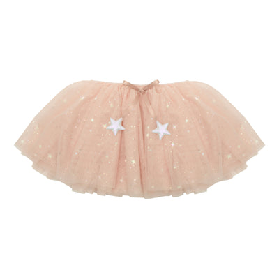 Blush pink tulle princes tutu with shimmering gold foil starbursts- blush pink ribbon finished with pearlescent silver stars- elasticated waistband