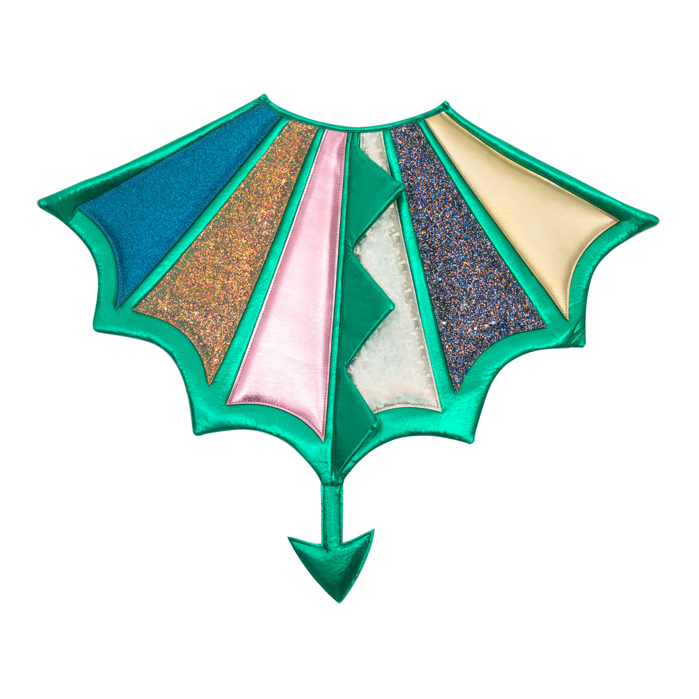 Padded multi colour dragon wings- with gold and blue glitter panels- a silver holographic panel-Pink and gold faux leather Panels- featuring a green edge with tail and spikes- perfect dress up