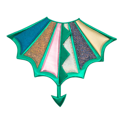 Padded multi colour dragon wings- with gold and blue glitter panels- a silver holographic panel-Pink and gold faux leather Panels- featuring a green edge with tail and spikes- perfect dress up
