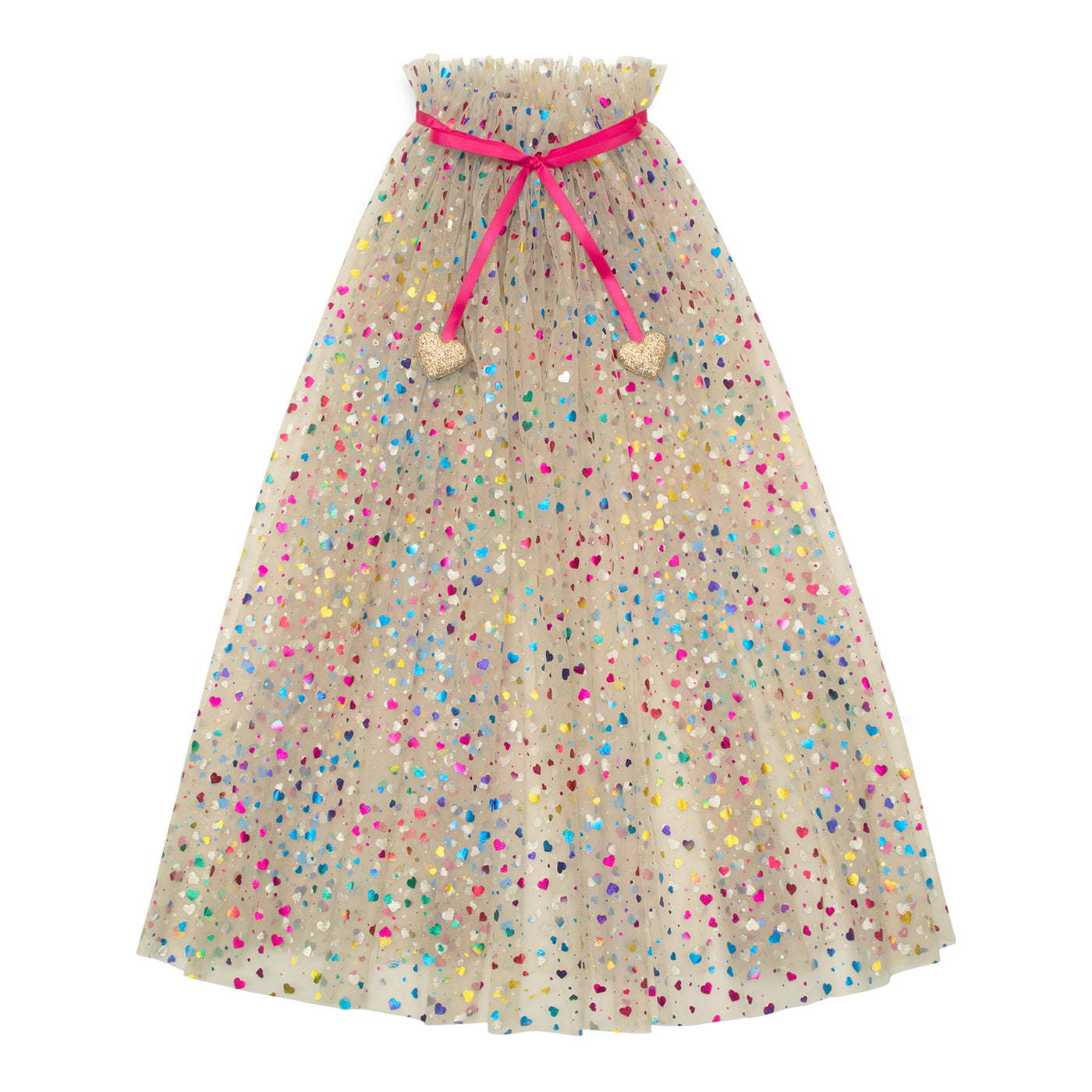 Long beige tulle rainbow hearts cape- rainbow foil heart pattern with a bright pink ribbon finished with sparkly gold hearts
