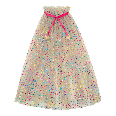 Long beige tulle rainbow hearts cape- rainbow foil heart pattern with a bright pink ribbon finished with sparkly gold hearts