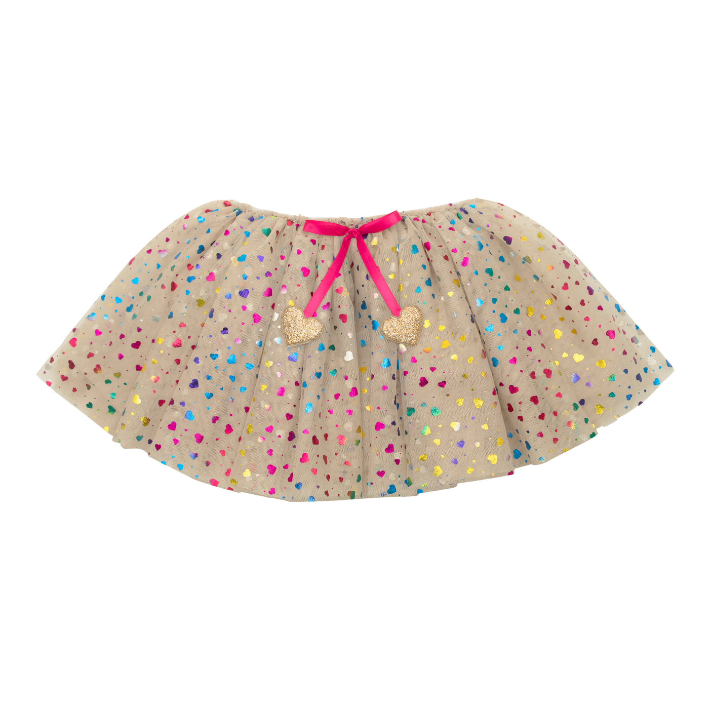 Soft beige tulle rainbow hearts tutu featuring rainbow foil hearts- elastic waistband- Bright pink ribbon finished with glittery gold hearts- dress up