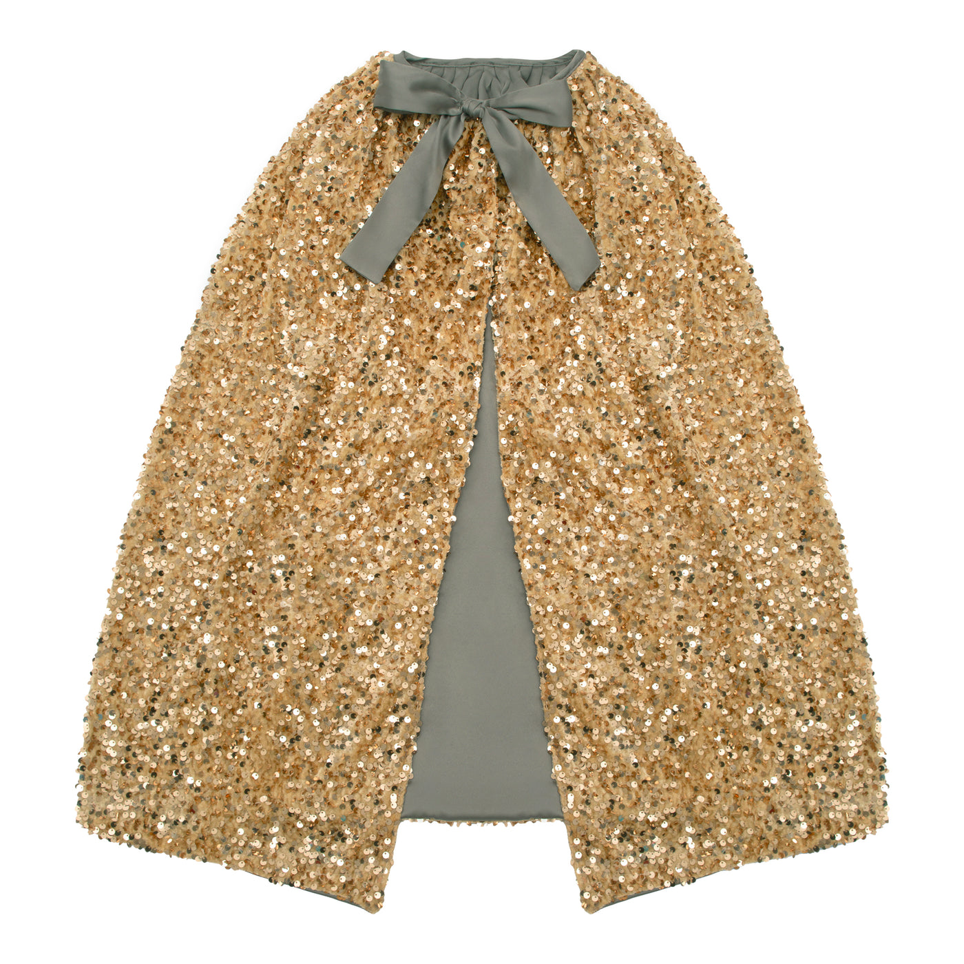 Sparkly gold sequin cape featuring a soft sateen lining and a sateen bow closure