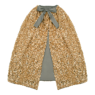 Sparkly gold sequin cape featuring a soft sateen lining and a sateen bow closure