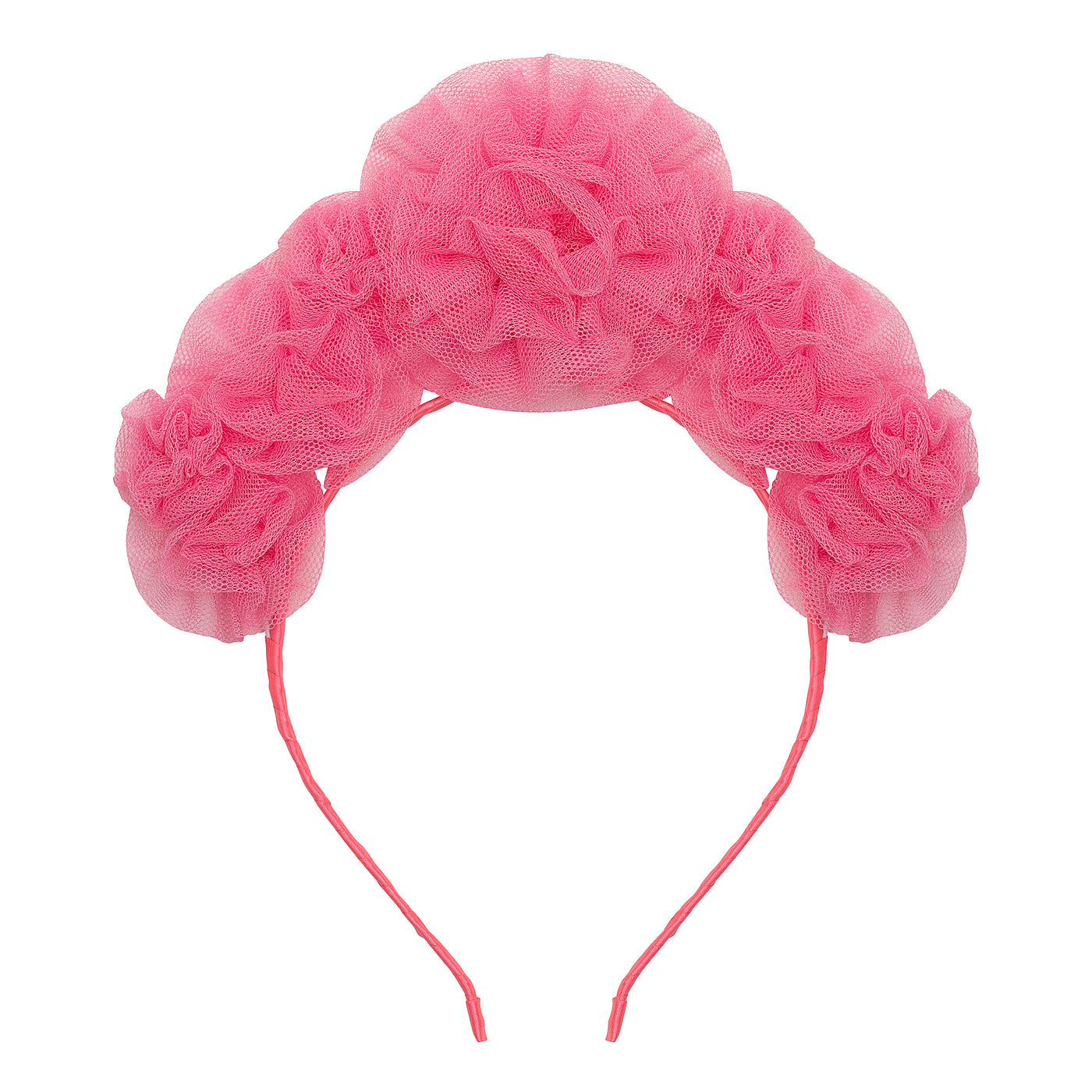 Bright pink ruffle headdress featuring tulle roses and a pink sateen headband- pop of colour perfect for parties or dress up