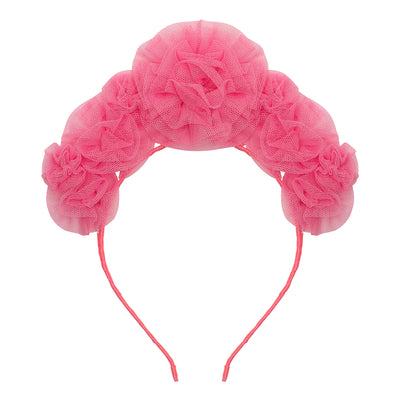 Bright pink ruffle headdress featuring tulle roses and a pink sateen headband- pop of colour perfect for parties or dress up