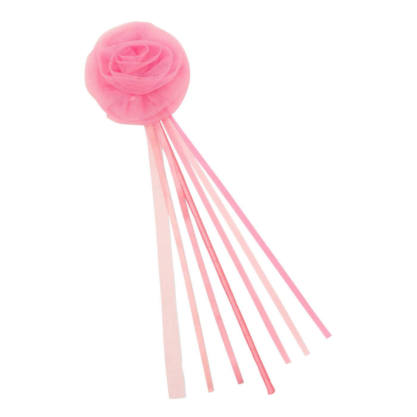 Pink ruffle flower wand with tulle rose- pink sateen handle and soft pink ribbon tassels-perfect for dress up 