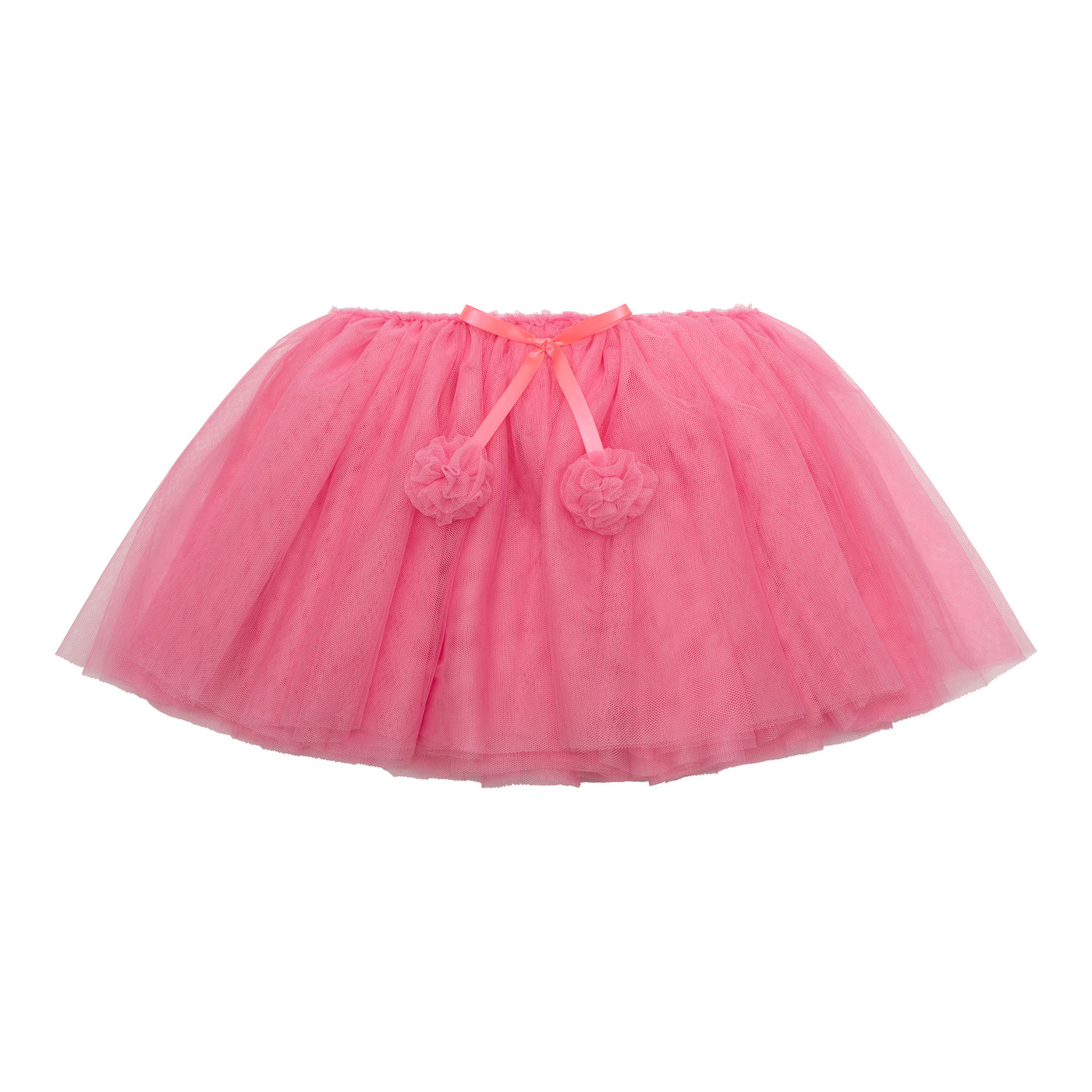 Bright pink Ruffle flower tutu featuring a tulle fabric- elastic waistband-Bright pink ribbon and tulle pompoms- perfect for parties and dress up