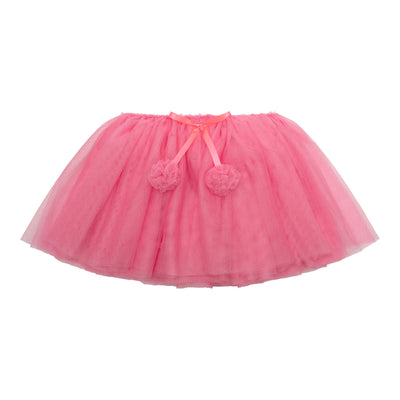 Bright pink Ruffle flower tutu featuring a tulle fabric- elastic waistband-Bright pink ribbon and tulle pompoms- perfect for parties and dress up