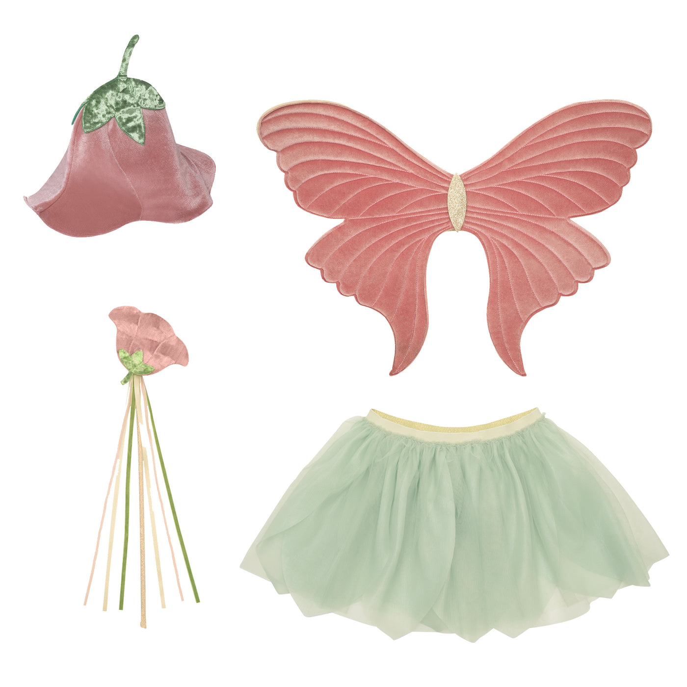 Pretty flower fairy dress up set- Green tulle petal effect tutu with elastic waistband- Soft pink velvet tulip hat with green stalk- Pink velvet fabric wings with gold glitter-Velvet tulip wand with gold glittery handle and ribbon tassels