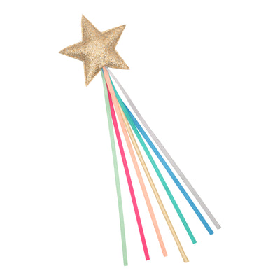 Bright multi coloured rainbow wand- glittery gold star with a gold sateen finish handle- Featuring rainbow tassels- magical dress up