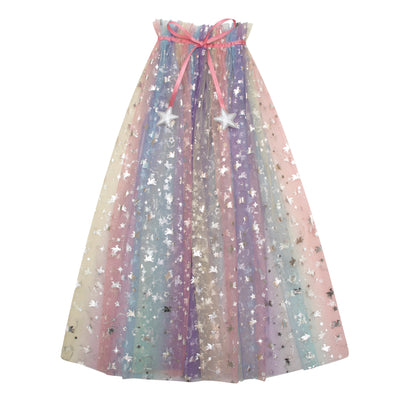 Long sparkly unicorn ombre cape-Pastel colour tulle material with unicorn and star foil pattern-finished with bright pink ribbon closure and silver stars