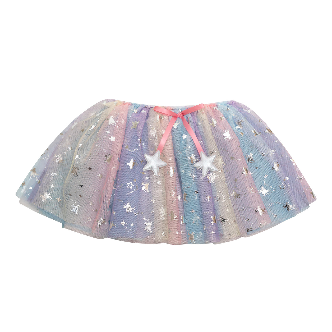 Rainbow ombre unicorn tutu- featuring pretty pastels-Silver unicorn and star foil pattern- finished with a bright pink ribbon and sliver stars-elasticated waist 