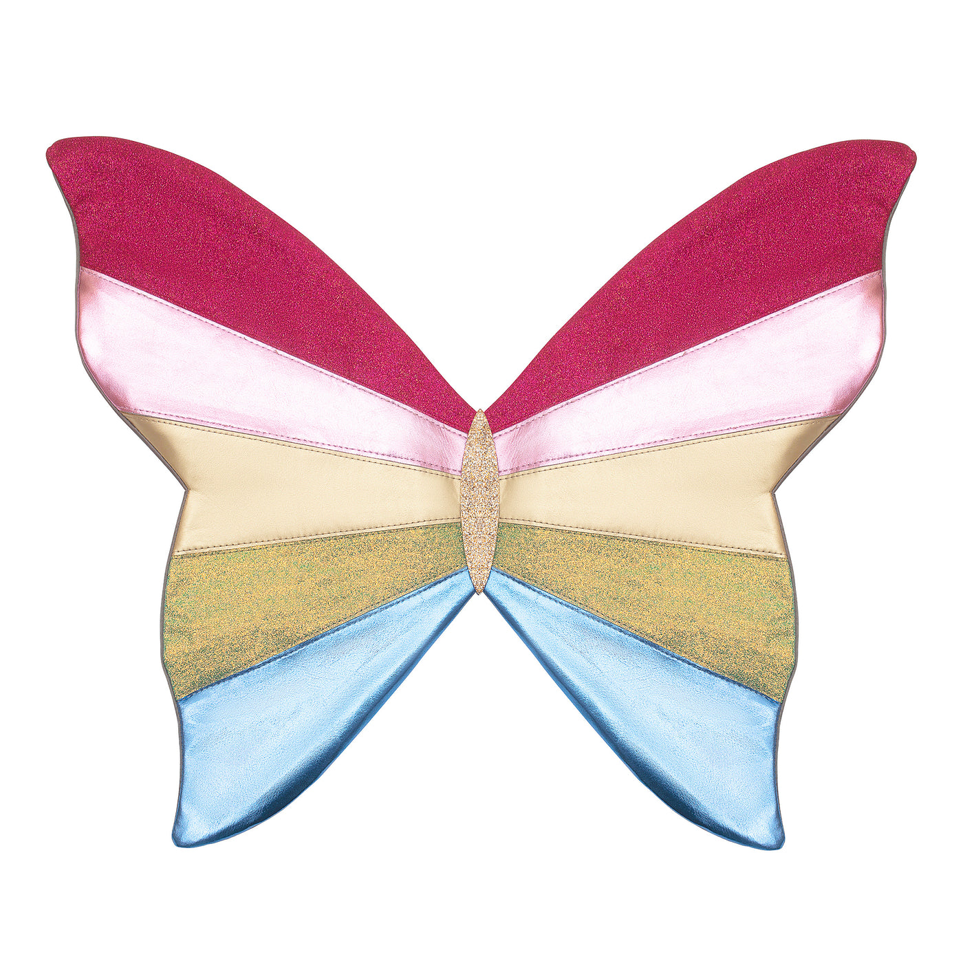 Bright and bold Rainbow intergalactic Fairy wings featuring pink and gold glitter with cool blue - glittery and pleather textures-Perfect for dress up  