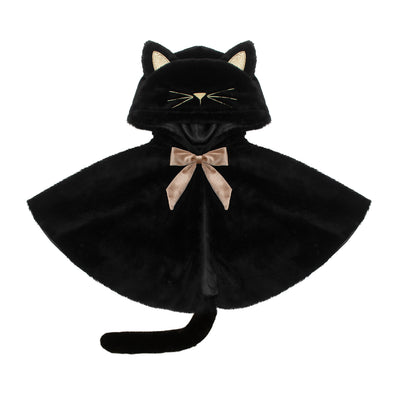 Fluffy black cat cape featuring a cute cat tail and cat ears with gold glitter-Stitched cat nose and whisker detail-finished with a velvet bow