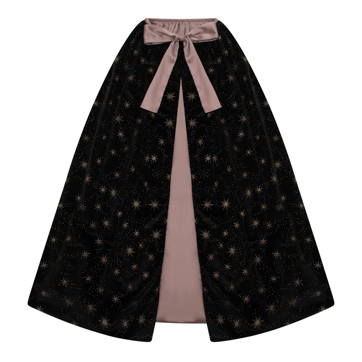 Soft velvet cape in black with glittery shooting stars- lined with a soft mauve velvet- pretty velvet bow closure