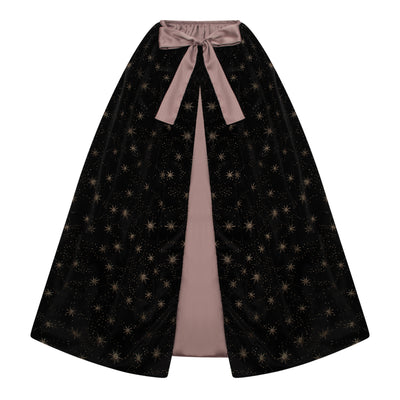Soft velvet cape in black with glittery shooting stars- lined with a soft mauve velvet- pretty velvet bow closure