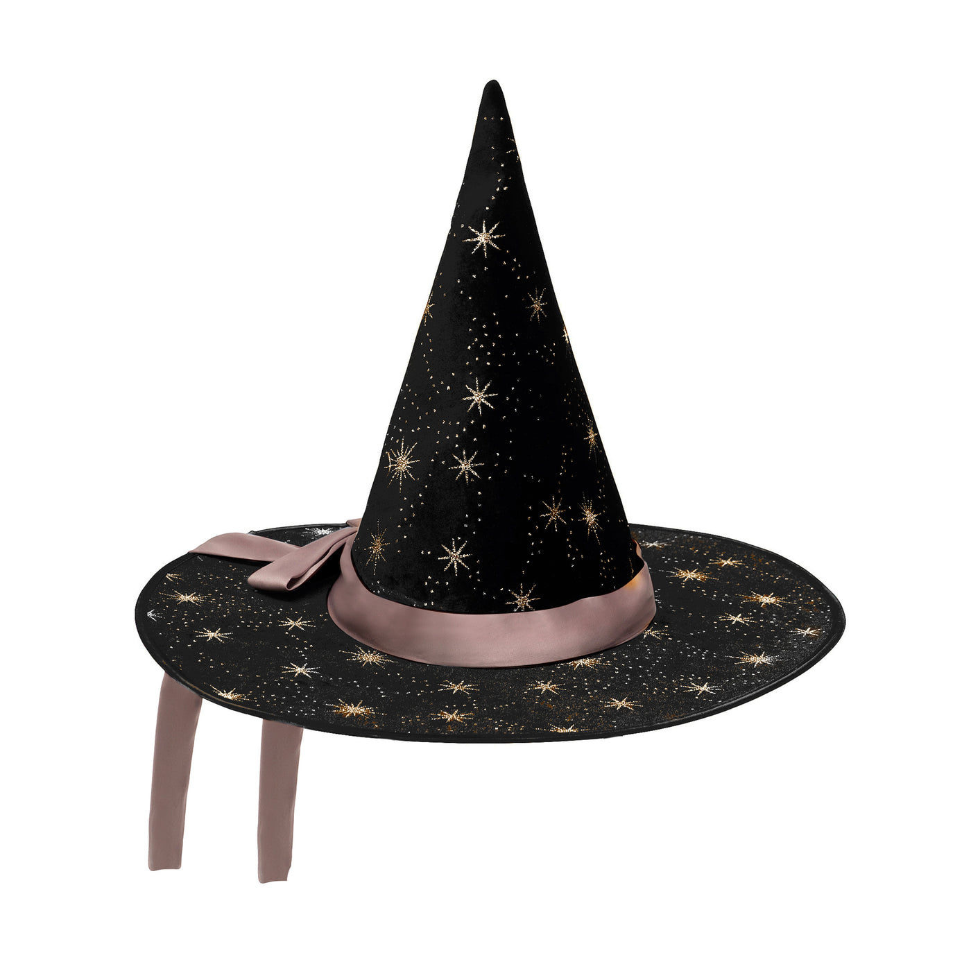 Soft black velvet pointy witches hat with gold shooting star pattern- with a delicate blush pink ribbon on the base of the hat-Halloween dress up essential