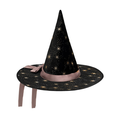 Soft black velvet pointy witches hat with gold shooting star pattern- with a delicate blush pink ribbon on the base of the hat-Halloween dress up essential
