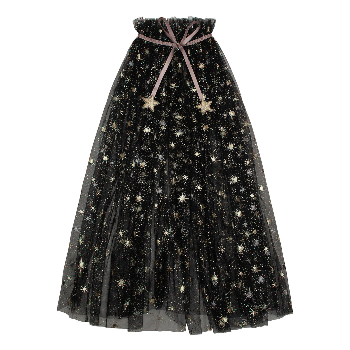 Beautiful long tulle witchy cape in black with a gold starburst pattern-Blush pink ribbon closure featuring two glittery gold fabric hearts- Perfect for halloween dress up