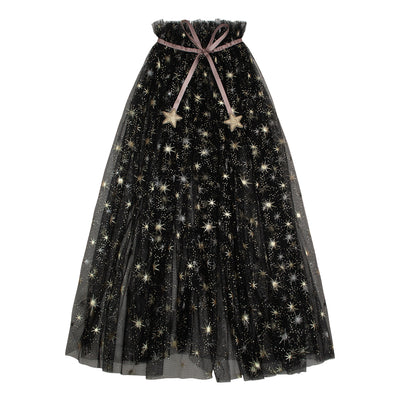 Beautiful long tulle witchy cape in black with a gold starburst pattern-Blush pink ribbon closure featuring two glittery gold fabric hearts- Perfect for halloween dress up