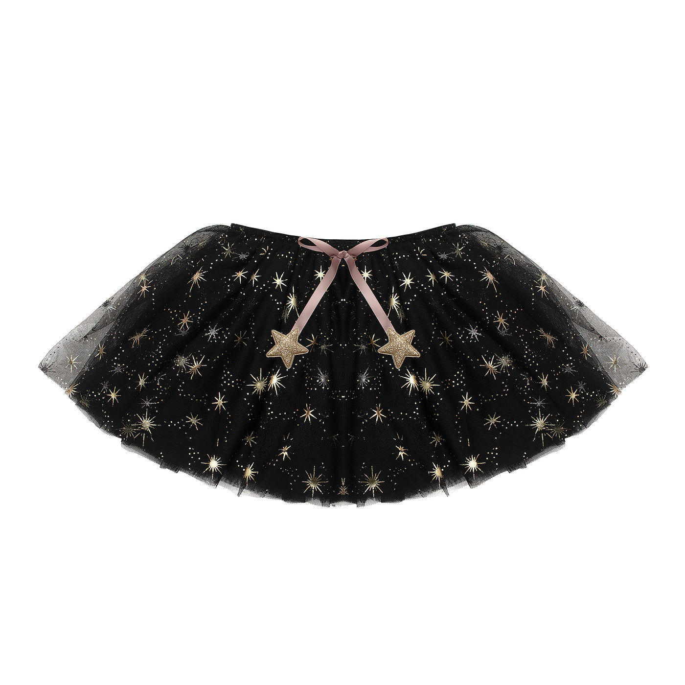 Black tulle tutu with glittery starburst accents- Elasticated waist- finished with a blush pink ribbon and two fabric gold glitter stars-Perfect for any dress up-halloween dress up