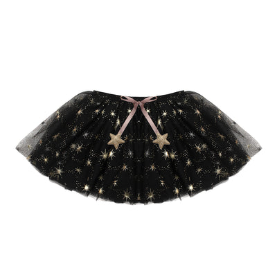Black tulle tutu with glittery starburst accents- Elasticated waist- finished with a blush pink ribbon and two fabric gold glitter stars-Perfect for any dress up-halloween dress up