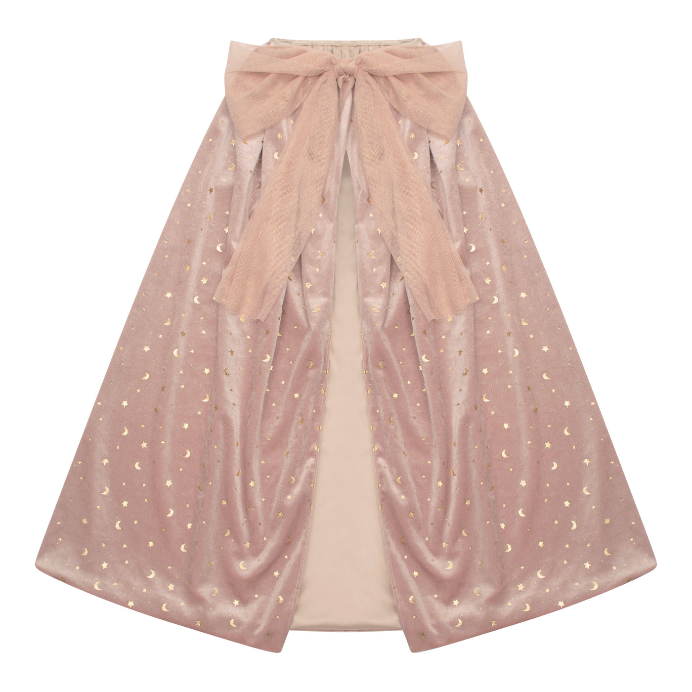 Soft blush Pink velvet witchy cape with gold foil moon and stars print, Big tulle bow closure- Perfect for any dress up event- Halloween dress up