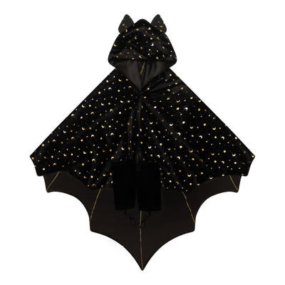 Luxurious velvet bat cape- finished with gold foil moon and star pattern- hood comprising of cute little bat ears- wristbands for functioning wing action-Perfect for halloween dress up