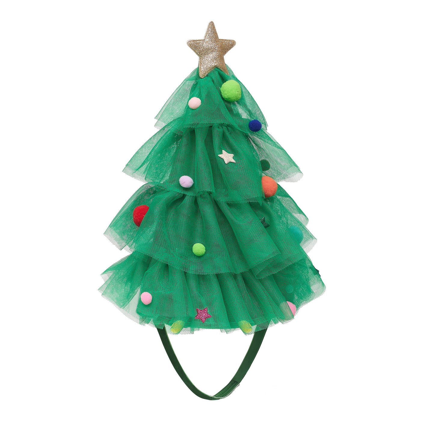 Green tulle Christmas tree hat perfectly matches the green Christmas tree cape- brightly coloured tulle pompoms and teeny glittery stars all finished with a gold glitter star on top- Ribbon closure with poppers