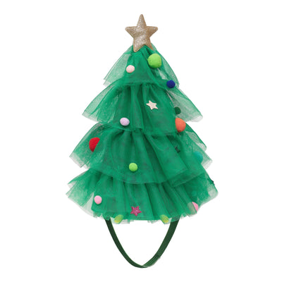 Green tulle Christmas tree hat perfectly matches the green Christmas tree cape- brightly coloured tulle pompoms and teeny glittery stars all finished with a gold glitter star on top- Ribbon closure with poppers