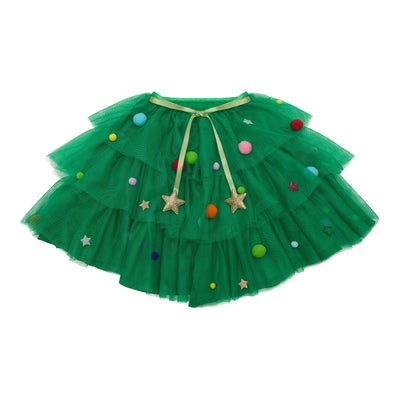 Striking green tulle fabric Christmas cape- featuring multi colour tulle pompoms and glittery stars- Ribbon closure finished with gold glittery fabric stars- Dress up